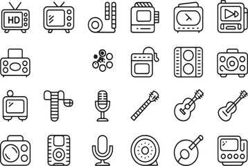 Monochrome Line Art Icons Media & Music