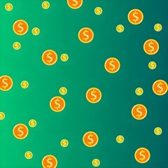 Dynamic vector illustration featuring a shower of golden dollar coins against a rich green backdrop. Excellent for themes related to finance, income, savings, and digital money