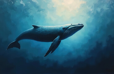 Obraz premium Abstract oil painting of humpback whale swimming in ocean. Dark blue and light cyan tones create underwater scenery, animal portrait. Illustration depicts sea life, marine mammal in natural habitat.
