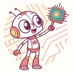 Playful Cartoon AI Robot Holding Microchip Vector Adorable cartoon robot character holding a glowing microchip, set on a subtle circuit board pattern. Ideal for tech branding, educational materials, a