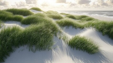 Sandy Beach Dune with Green Grass Ocean Wave and Dramatic Sky