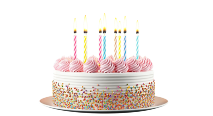 A birthday cake with white frosting pink swirls and lit candles against a black background on a plate