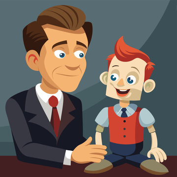 Entertaining man (ventriloquist) with a dummy on his lap, speaking with a fixed smile.