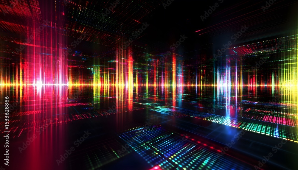 Poster colorful digital space with glowing lines and patterns.