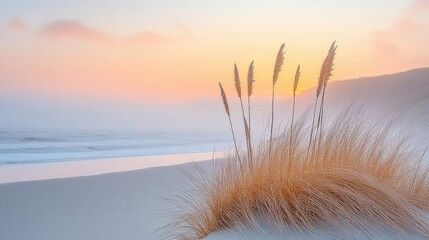 Peaceful Beach At Sunset With Long Grass In Warm Light And Fog
