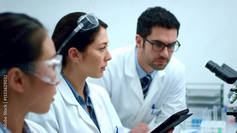 Poster team of three scientists in white coats analyzing data in bright laboratory with microscope tablet a