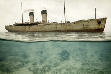 Old passenger steamship floats above turquoise water with a ghostly presence and sense of maritime mystery