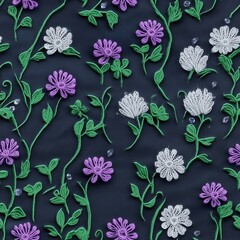 Seamless lace floral pattern with delicate white and purple flowers and intricate green vines on a dark blue background, enhanced with subtle scattered crystals for a refined look.