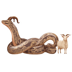 Naklejka premium minimalist vector emblem of a python constricting a goat