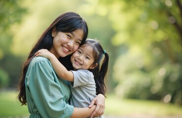 Naklejka premium Asian mother embraces little girl with Down syndrome in warm hug. Both smile, showing love. Portrait photo in blurred green background, family values, special needs, inclusion. Motherhood, support.