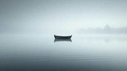 Silhouette of Boat On Calm Lake in Morning Fog Moody Scene