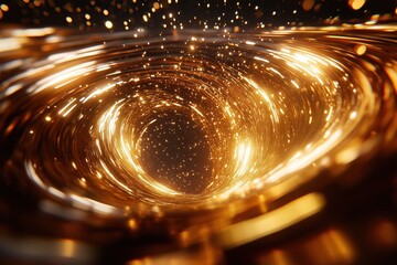 Swirling golden vortex made of glowing particles, representing cosmic energy, time travel or digital wormhole concept