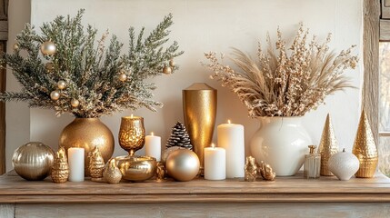 Elegant holiday d ?Â©cor featuring golden accents, soft candlelight, and festive trees creates a cozy, stylish atmosphere perfect for the Christmas season.