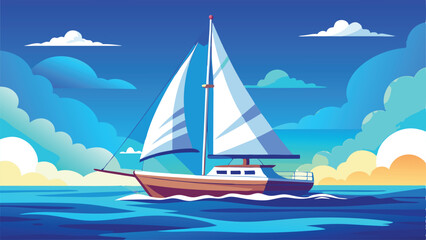 Colorful sailboat sailing across blue waters with clouds in a bright sunny day