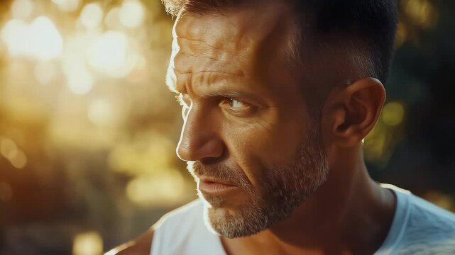 Middle-aged Man's Resolute Gaze in Sunlight