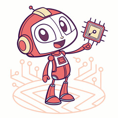 Playful Cartoon AI Robot Holding Microchip Vector Adorable cartoon robot character holding a glowing microchip, set on a subtle circuit board pattern. Ideal for tech branding, educational materials, a