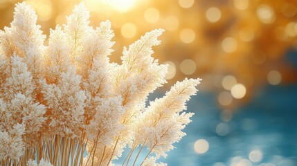 Golden Pampas Grass with Bokeh Background at Dawn on Water in Nature