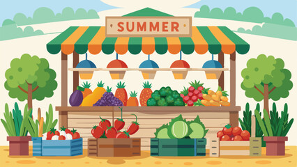 Fototapeta premium Colorful summer fruit and vegetable market stall illustration on a transparent background