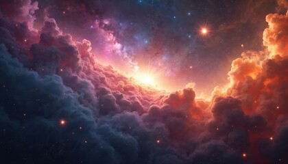 Fototapeta premium Abstract illustration showcases vibrant colors explosion in galaxy. Cosmic of supernova. Swirling stars, radiant nebulae, fantasy universe, cosmos, astral event. Heavenly view, celestial, dark space.