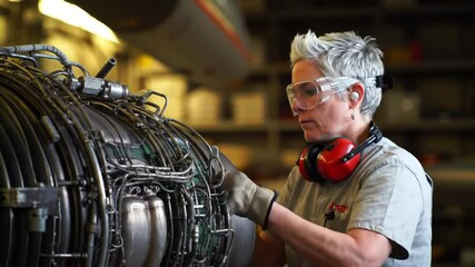 Woman With Safety Goggles Inspecting Silver Aircraft Engine in Dimly Lit Workshop - Powered by Adobe