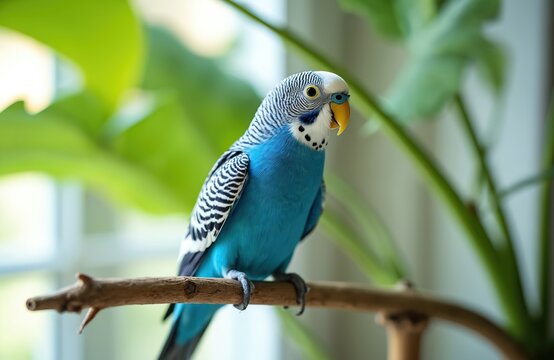 Blue budgie parrot sits on wooden branch. Cute small bird in home. Domestic tropical pet on green plant background. Colorful feathers, close-up of bird.
