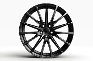 Isolated black alloy wheel on white background. Modern aluminium alloy rim design, chrome shine, isolated. Transportation detail, car accessory, auto industry concept.