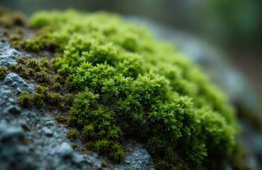 Close-up of green moss on rock surface. Natural texture background, mossy detail, macro shot of forest plant. Damp environment, beautiful grow, grunge stone, wetland. Perfect for nature, eco themes.