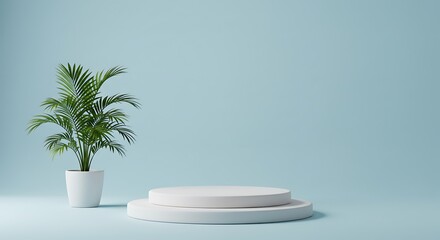 Minimalist product display with white platform and potted palm