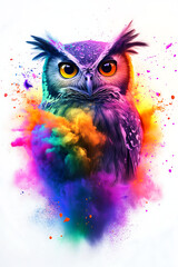 Fototapeta premium Colorful owl emerging from vibrant smoke, showcasing artistic flair and nature's beauty