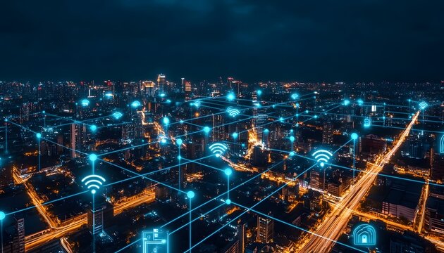 City network at night with wireless signals.