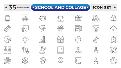 School and Collage outline Icon Set. Back to School, College, Study Tools & Education Vector Collection. Editable stroke outline icon.
