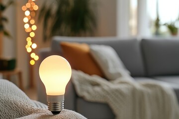 Illuminated light bulb positioned in a cozy living room setting.