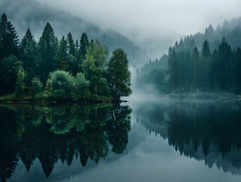 Misty forest lake landscape - Powered by Adobe