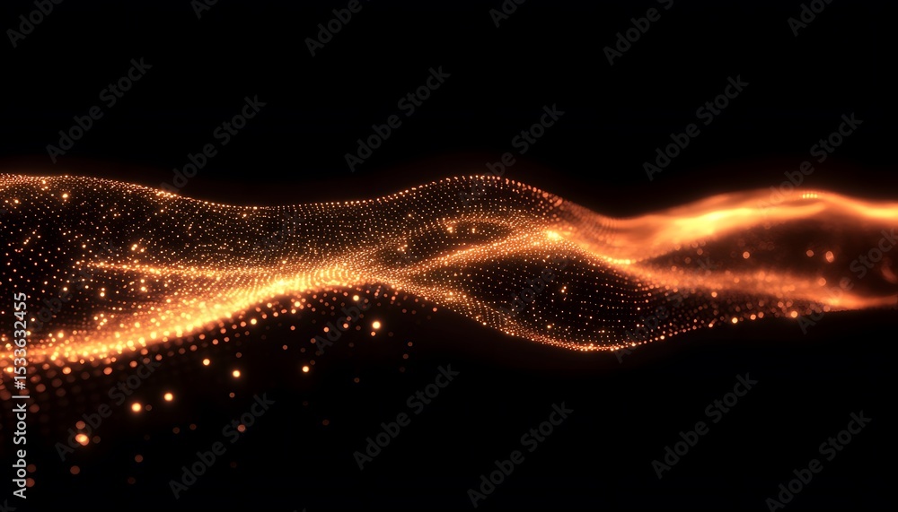 Poster abstract design of a flowing, wavy pattern of glowing particles.