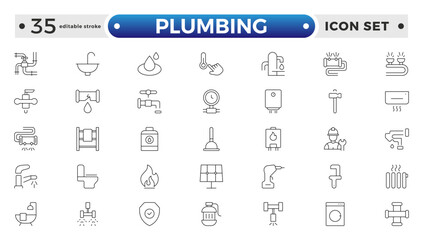 Heating, Ventilation and Plumbing (HVAC & Plumbing) outline Icon Set – Home Maintenance, Repair & Construction Vector Collection. Editable stroke outline icon.
