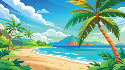 Obraz premium Colorful tropical beach scene with palm trees and ocean against a beautiful blue sky