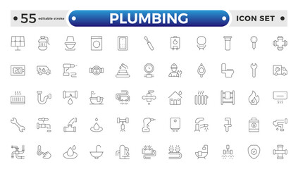 Heating, Ventilation and Plumbing (HVAC & Plumbing) outline Icon Set – Home Maintenance, Repair & Construction Vector Collection. Editable stroke outline icon.
