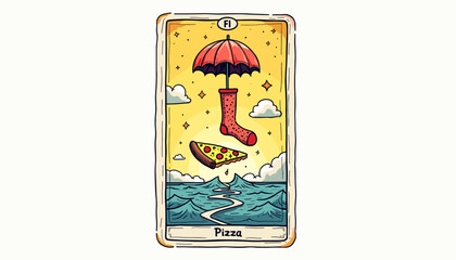 Pizza slice floating with umbrella and sock over ocean waves