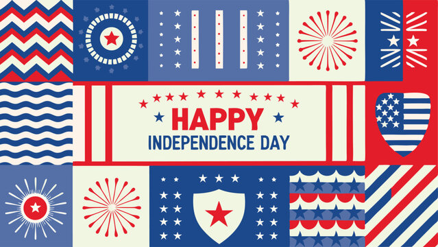 Happy independence day themed graphic with stars stripes and patriotic patterns and colors used all over