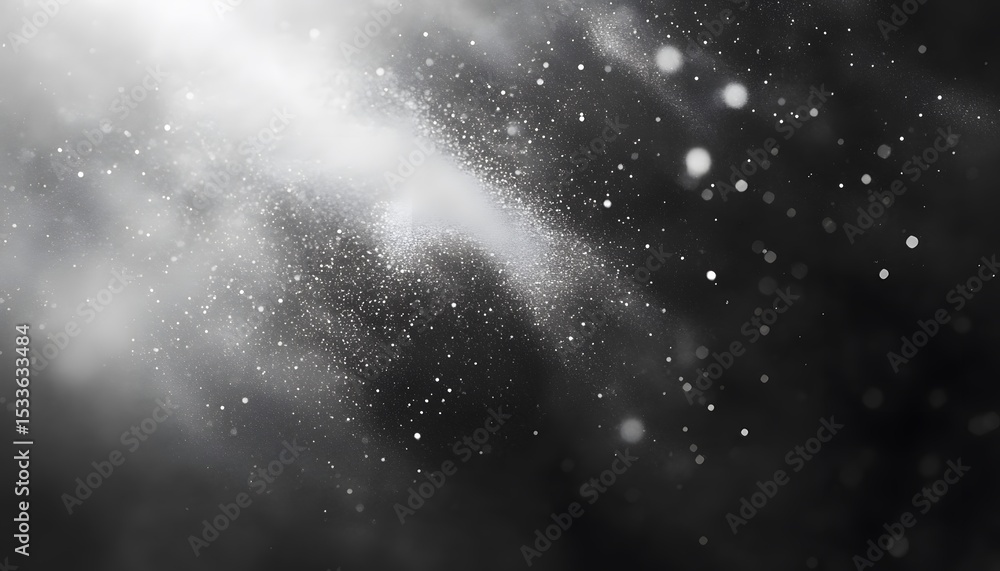 Poster abstract grayscale background with dispersed particles.
