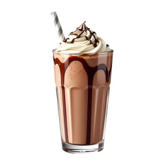 A chocolate milkshake with whipped cream and chocolate syrup in a glass with a straw , on a transparent background