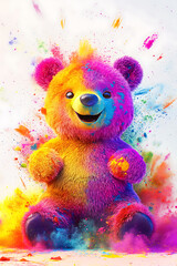 Fototapeta premium Colorful teddy bear surrounded by vibrant splashes of paint, evoking joy and creativity