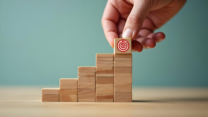 Male hand arranging wooden block staircase with target icon representing achieving goals and objectives or goal setting, scene 36