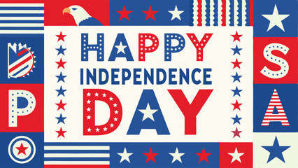 Patriotic independence day design with stars, stripes, and an american bald eagle image