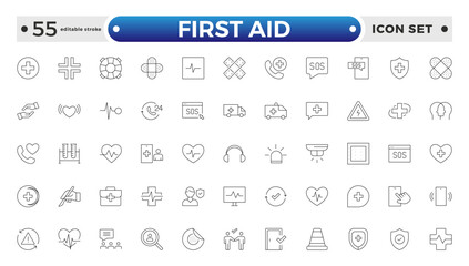 First Aid outline icon set. Emergency kit icon set. Vector objects set of survival emergency kit for evacuation or disasters. Editable stroke outline icon.
