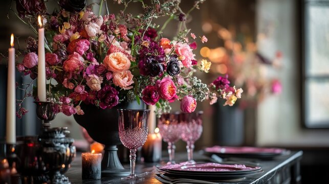 Elegant floral centerpiece on a dark table - Powered by Adobe