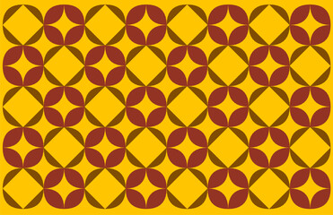 seamless pattern with golden stars. Batik motif, a simple geometric ethnic style pattern featuring interlocking two-tone brown rounded petal shapes on a warm yellow background. Floral background desig