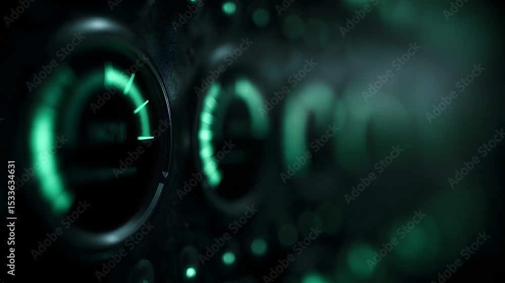 Poster futuristic control panel with animated energy balancing ui in soft green light