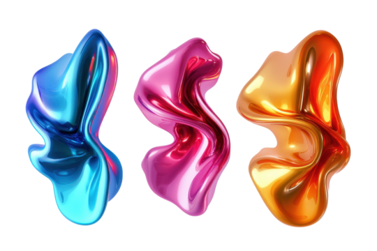 Fluid abstract metallic forms create a striking visual composition in various holographic colors showcasing modern art style