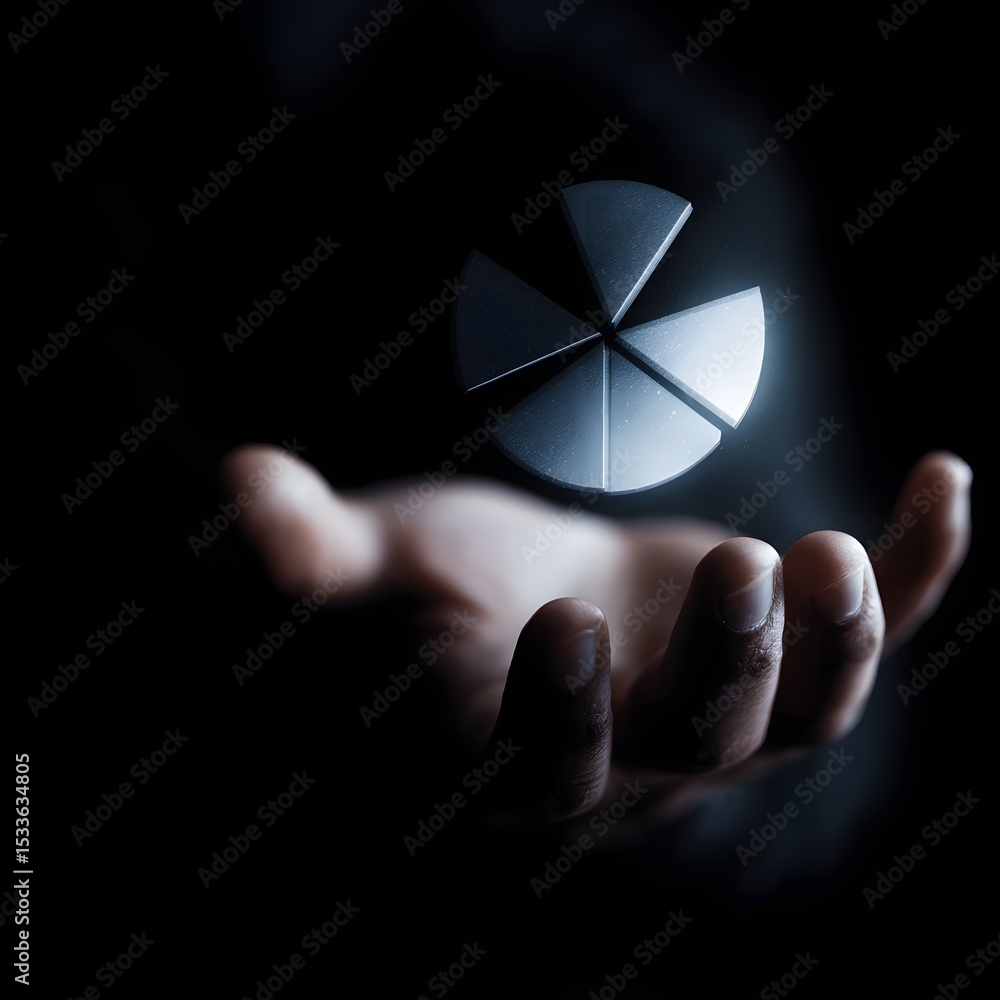 Poster glowing pie chart hovering above a hand in a dark business setting